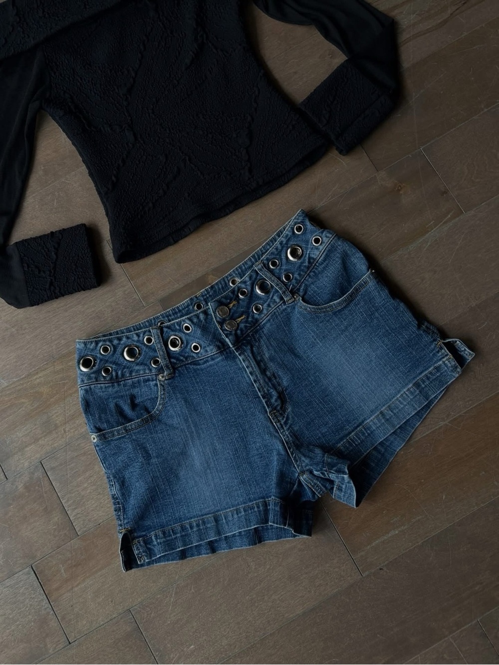 Dark Blue Denim Women's Shorts with Grommet Waist